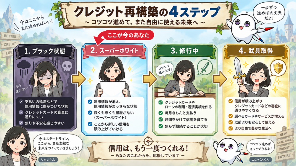 ブラック明けからスーパーホワイト、修行中、武具取得までの冒険の書（信用情報）の状態の変化を示した図