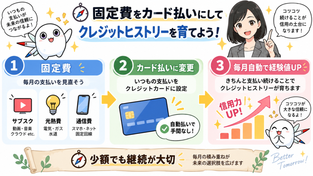 固定費をクレジットカード払いに変えて、毎月の利用実績を積み上げる流れの図