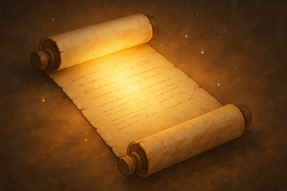 古びた羊皮紙の巻物(古文書)が、優しい光を放っているイラスト。読者が「これが自分を守ってくれるんだ」と直感的に感じられるような、神秘的で温かい雰囲気の画像