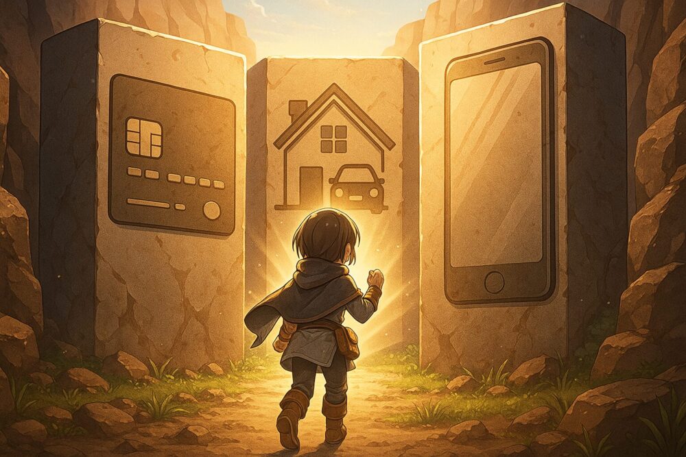 冒険者(読者の分身)の前に「クレジットカード」「家と車」「スマートフォン」が描かれた、分厚く巨大な3つの壁が立ちはだかっている
