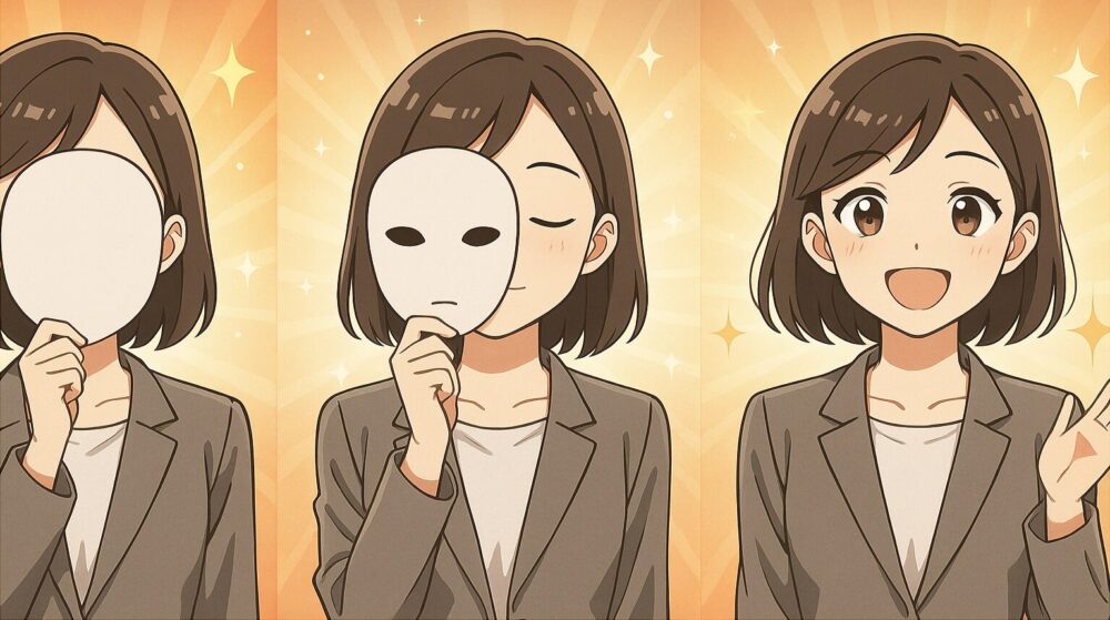 「のっぺらぼうの仮面」→「うっすらと目が描かれた仮面」→「笑顔が描かれた仮面」という3段階の仮面を持ち、その成長を説明しているイラスト。