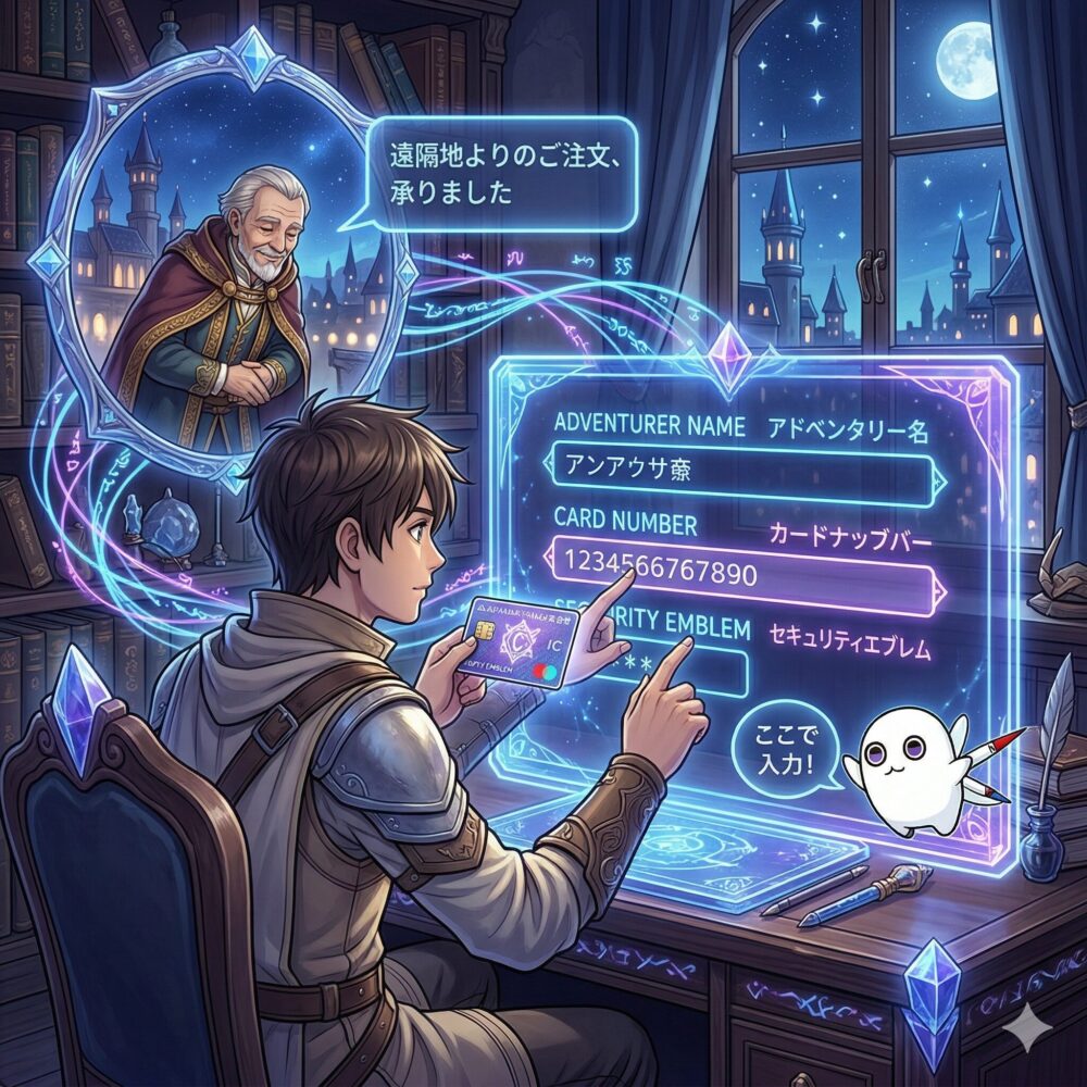 パソコン・スマホ画面上でカード情報を入力するイメージのイラスト。画面の前に立つ冒険者と、遠くの商人が通信している様子をファンタジー風に表現。全体トーン：ブルー×パープル系の落ち着いた配色。