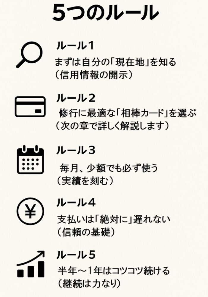 ルール1: まずは自分の「現在地」を知る(信用情報の開示)
ルール2: 修行に最適な「相棒カード」を選ぶ(次の章で詳しく解説します)
ルール3: 毎月、少額でも必ず使う(実績を刻む)
ルール4: 支払いは「絶対に」遅れない(信頼の基礎)
ルール5: 半年~1年はコツコツ続ける(継続は力なり)