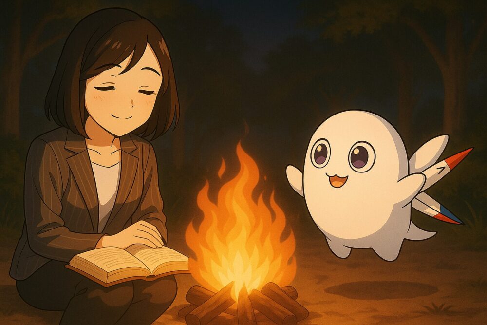 リクレさんと、相棒のコンパスくんが、焚き火を囲んで和やかに話しているイラスト。読者が一息つきながら、会話に耳を傾けられるような安心感のあるシーン。