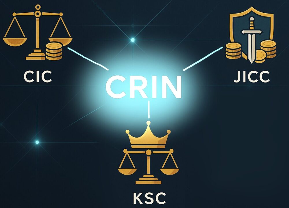 中央に「CRIN」というロゴがあり、そこから『天秤とコインを組み合わせたような、公正な取引を象徴する商人ギルド「CIC」の紋章』『盾と剣、そしてコインを組み合わせた傭兵ギルド「JICC」の紋章』、『王冠と天秤を組み合わせた、最も格式高い王立銀行「KSC」の紋章』の3つのギルドの紋章へ、光の線がネットワークを思わせるように伸びて繋がっている、ネットワークの概念図イラスト。