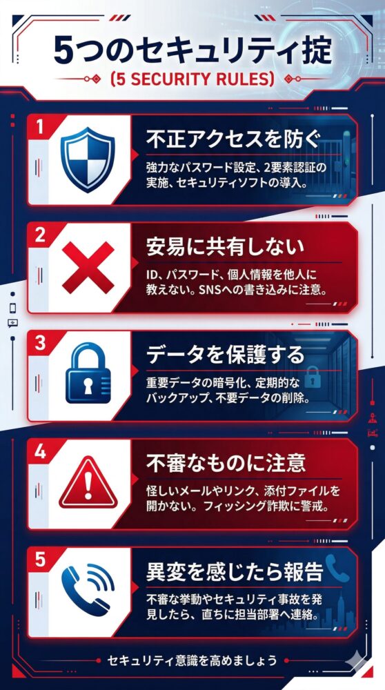 5つの掟をアイコン付きで縦並びに一覧表示したインフォグラフィック。盾・バツ印・南京錠・警告マーク・電話アイコンを使用。全体トーン：赤・紺・白のセキュリティカラーでキリっとした印象。