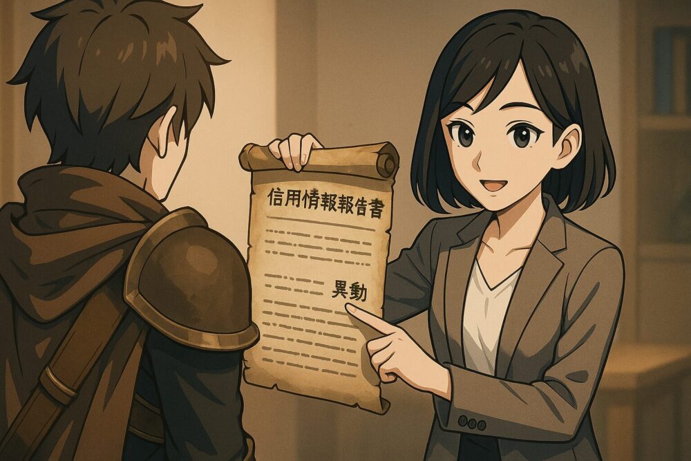 賢者リクレさんが、冒険者(読者の後ろ姿)に古い巻物(信用情報報告書のイメージ)を見せながら、「異動」の部分を指し示しているイラスト。深刻になりすぎず、あくまで「解き明かす」というポジティブな雰囲気で。