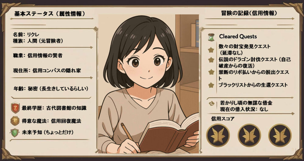 ゲームのキャラクター作成画面のようなイラスト。左半分に「基本ステータス(属性情報)」として名前や職業の項目、右半分に「冒険の記録(信用情報)」としてトロフィーや傷の記録が描かれている。