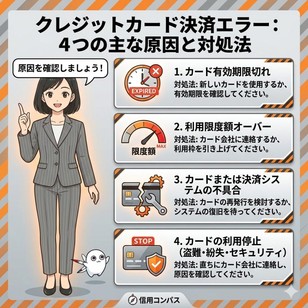 4つの原因をアイコン付きで一覧表示したトラブルシューティング図。時計（期限切れ）・メーター（限度額）・レンチ（不具合）・盾（停止）のアイコンを使用。全体トーン：オレンジ×グレーの警戒感を与えるカラー。