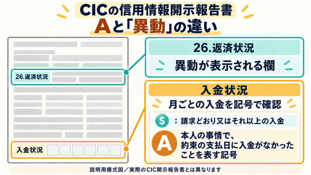 CICの信用情報開示報告書の返済状況と入金状況を示す説明用模式図。Aは本人の事情で約束の支払日に入金がなかった記号で、異動とは別の項目