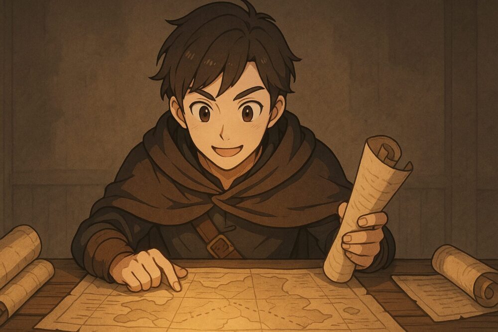 冒険者が机に広げられた地図や巻物を、真剣な眼差しで読み解いているイラスト。読者が「なるほど、そういうことだったのか!」と納得しているような、発見の喜びが感じられる雰囲気。