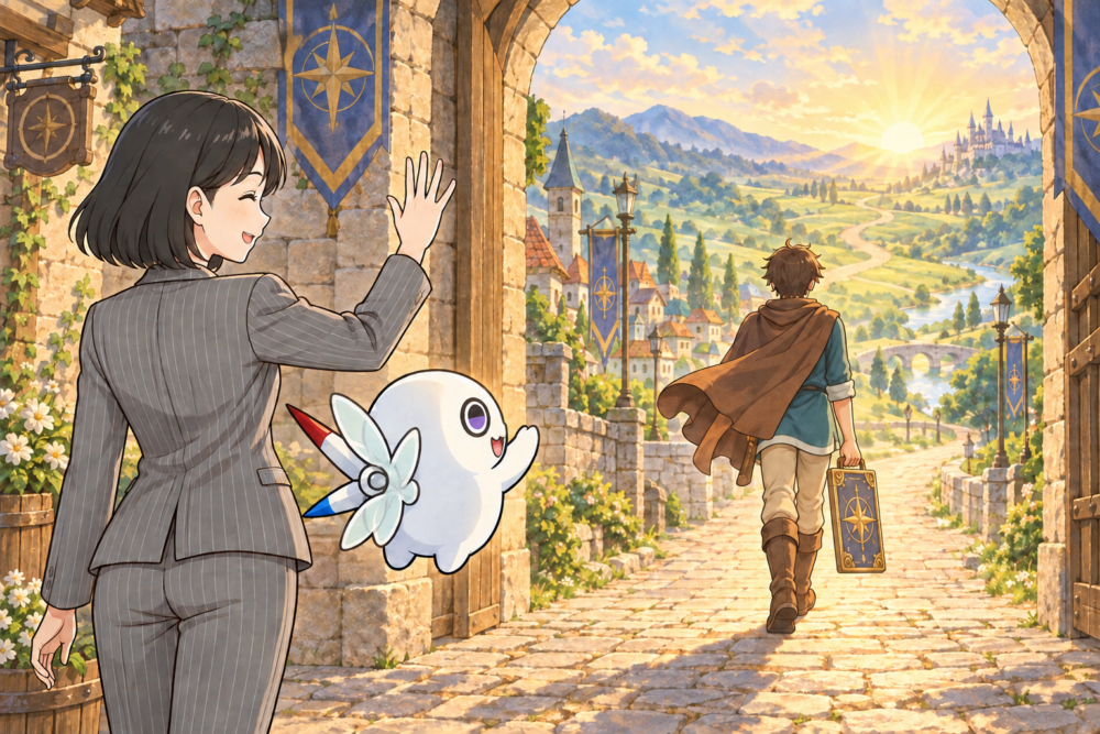 武具を手に旅立つ勇者を見送るリクレさんとコンパスくん