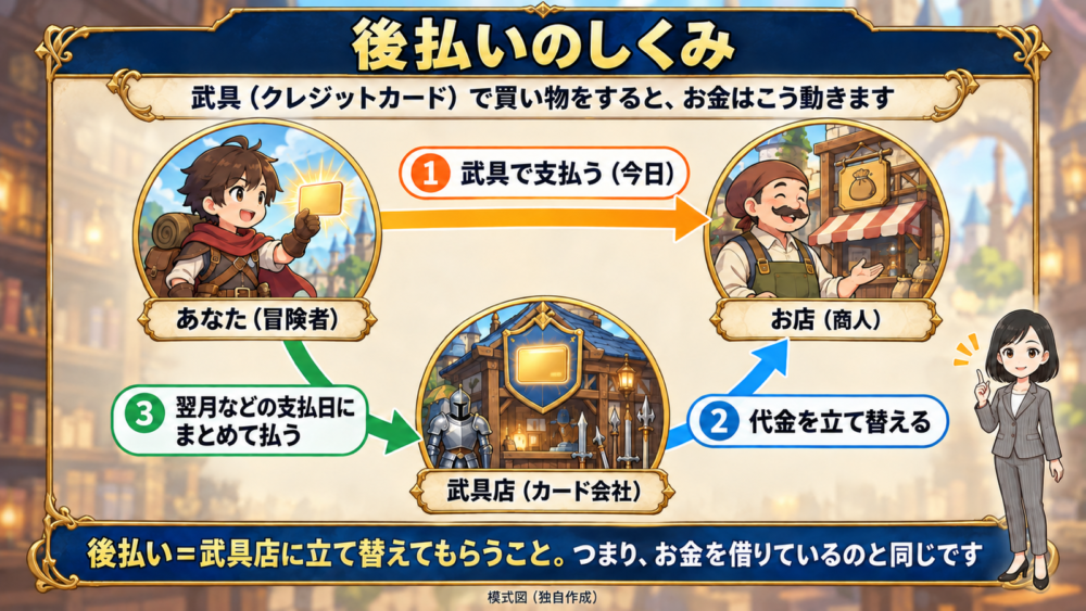 武具で買い物をしたときのお金の流れ。武具店が代金を立て替え、支払日にまとめて払う