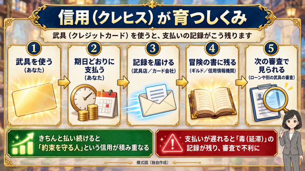 支払いの記録が武具店からギルドに届き、冒険の書に残って次の審査で見られる流れ