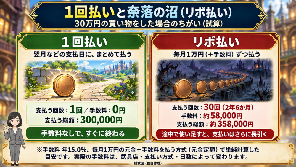 30万円を1回払いにすると手数料0円、リボ払いにすると30回・手数料約58,000円になる試算の比較