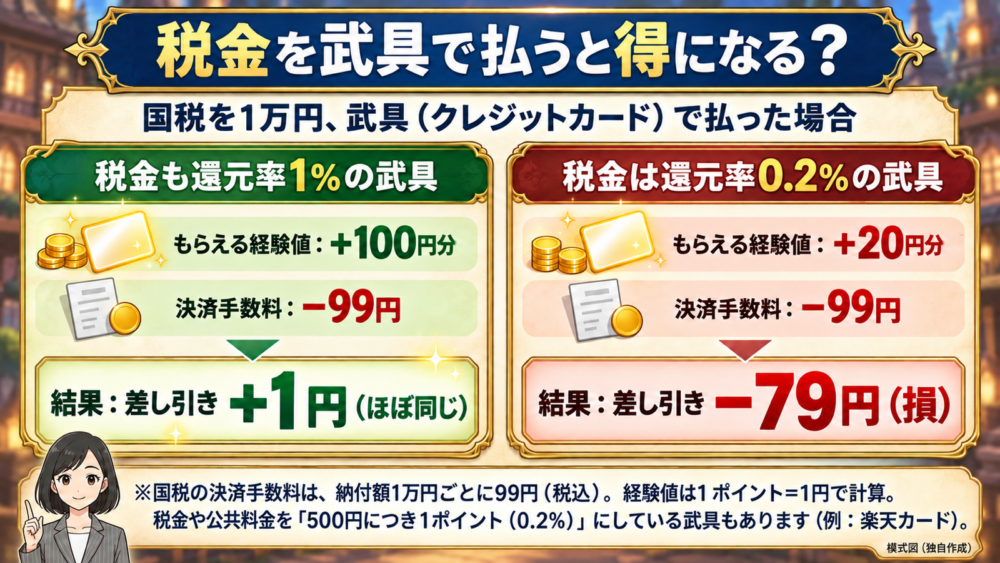 国税1万円を武具で払うと決済手数料は99円。還元率1%ならほぼ同じ、0.2%なら79円の損になる比較