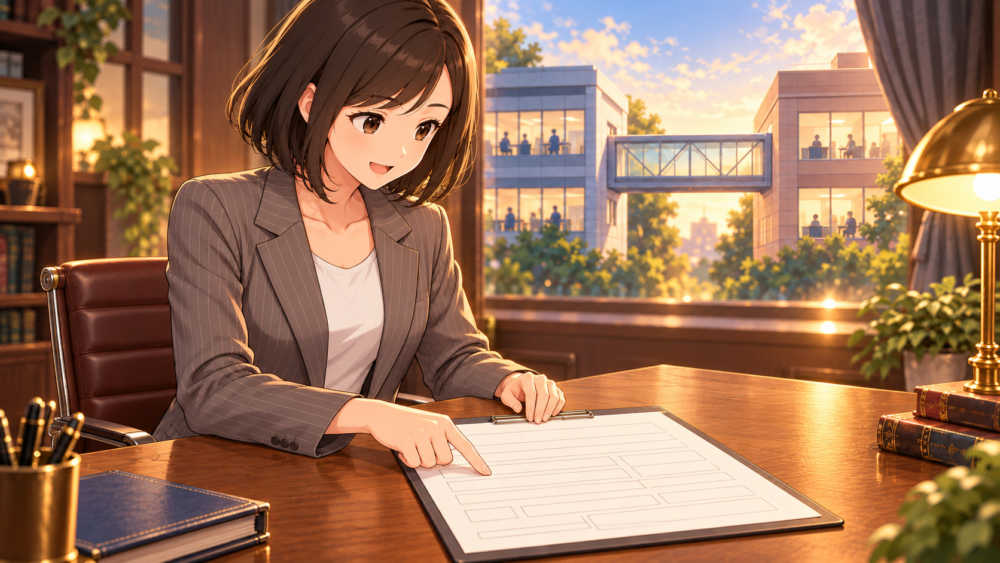 通常の高さの机で申込書の勤務先欄を指さすリクレさん
