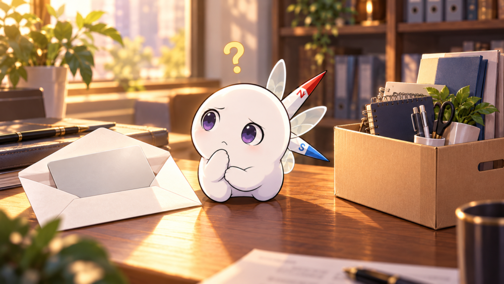 更新カードの封筒と勤務先変更を表す仕事道具の箱を見比べるコンパスくん
