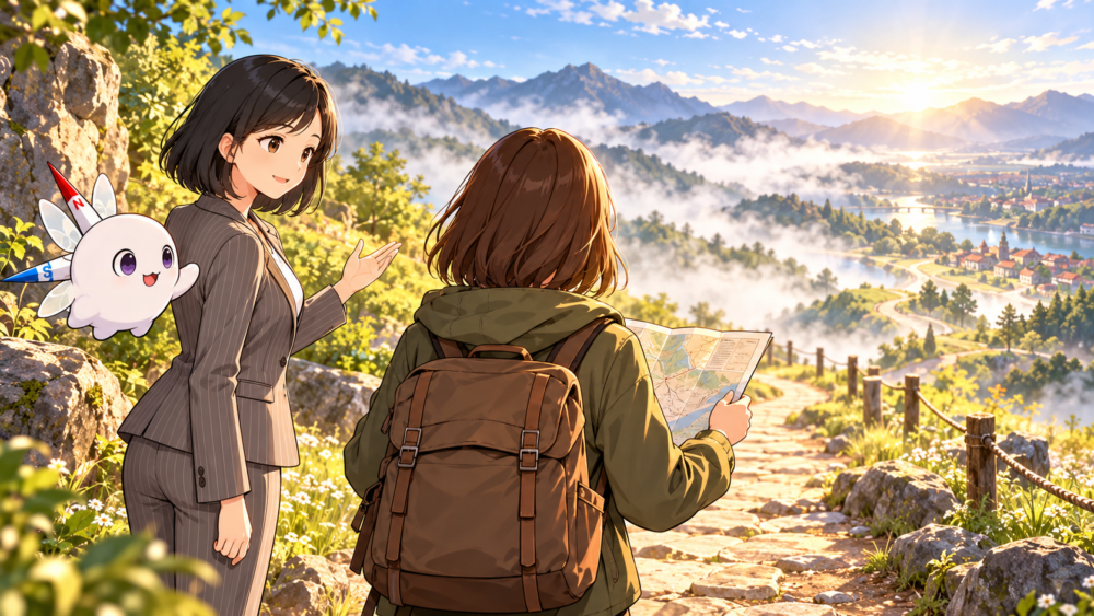 仕組みを理解して地図を手に歩き出す旅人を見送るリクレさんとコンパスくん