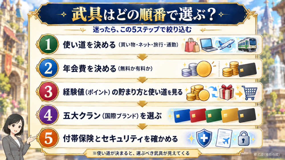 武具はどの順番で選ぶ?使い道、年会費、経験値、五大クラン、付帯保険とセキュリティの5ステップを示す図
