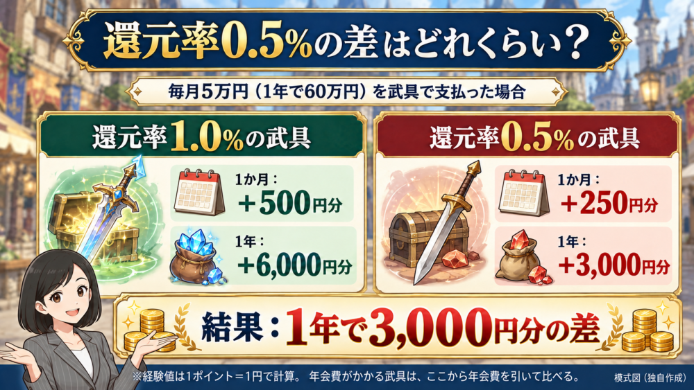 還元率0.5%の差はどれくらい?毎月5万円使うと、還元率1.0%なら1年で6,000円分、0.5%なら3,000円分になり、3,000円分の差がつく図