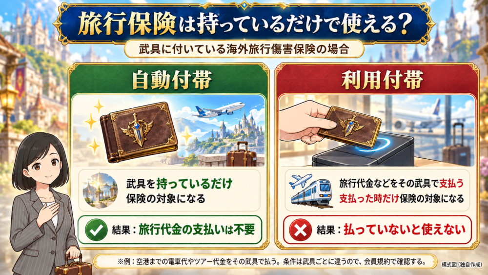 旅行保険は持っているだけで使える?自動付帯は持っているだけで対象、利用付帯は旅行代金などをその武具で払った時だけ対象になることを比べた図