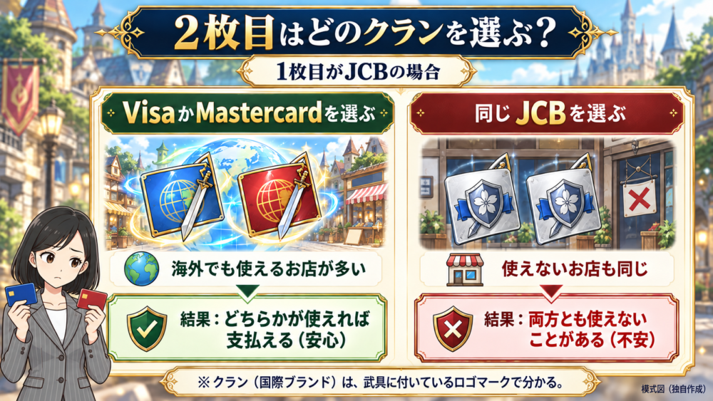 2枚目はどのクランを選ぶ?1枚目がJCBなら、2枚目はVisaかMastercardにすると、どちらかが使えるお店が増えることを比べた図