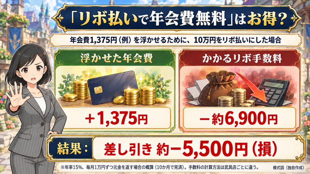 「リボ払いで年会費無料」はお得?年会費1,375円を浮かせるために10万円をリボ払いにすると、手数料が約6,900円かかり、差し引き約5,500円の損になる例の図