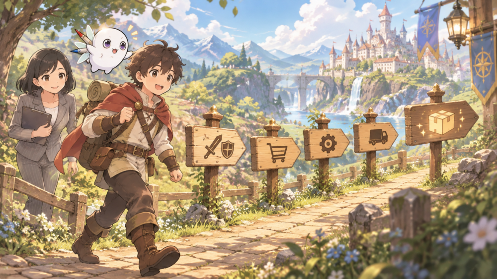 武具を選んでから受け取るまでの5つのステップを示した道しるべのイラスト
