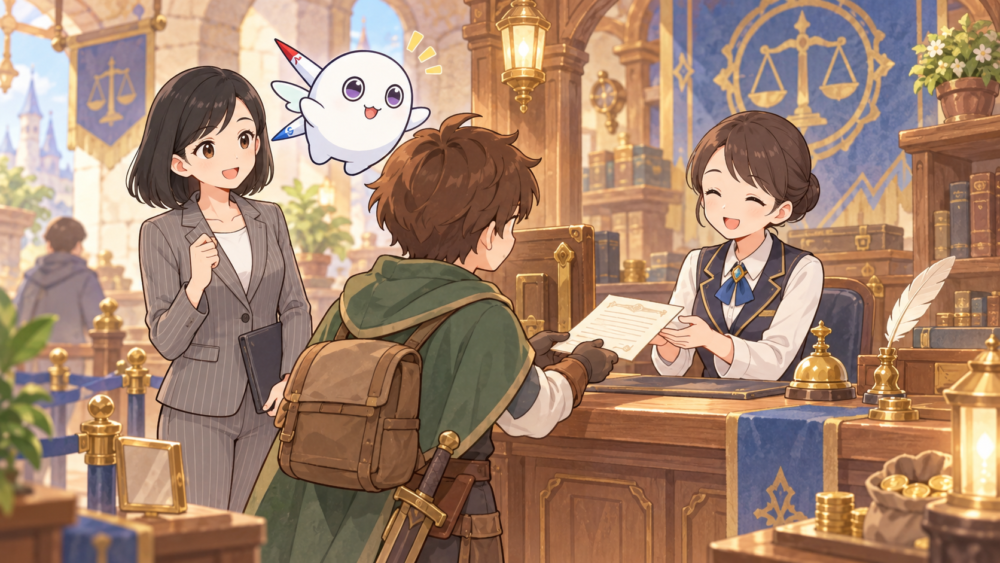 冒険者が金庫番に口座の情報を伝えているイラスト