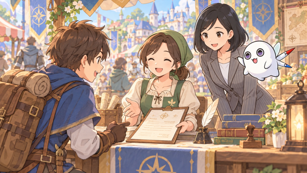 ショッピングセンターの特設カウンターで店員に相談している冒険者のイラスト