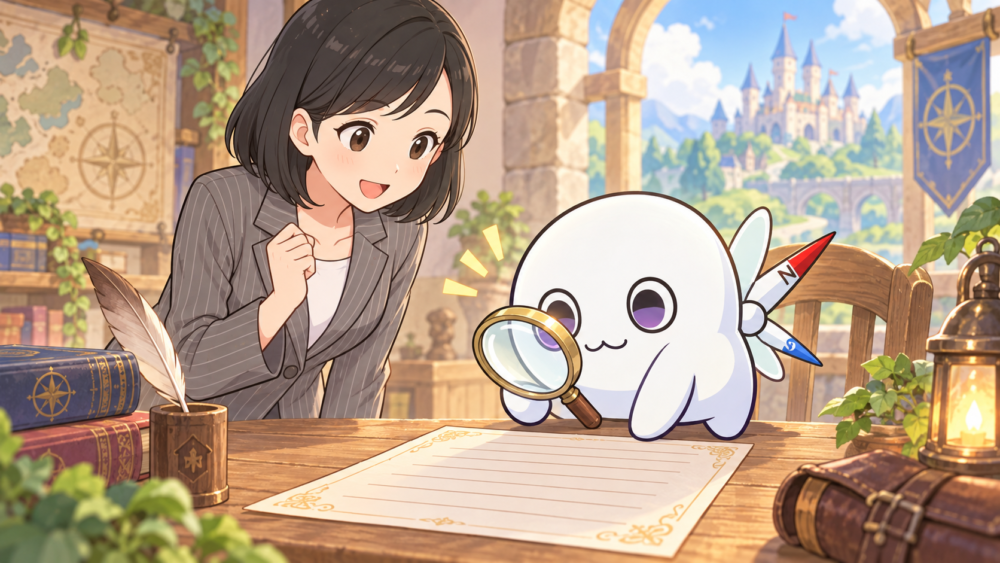 コンパスくんが申込書を虫めがねで見直し、リクレさんが見守っているイラスト