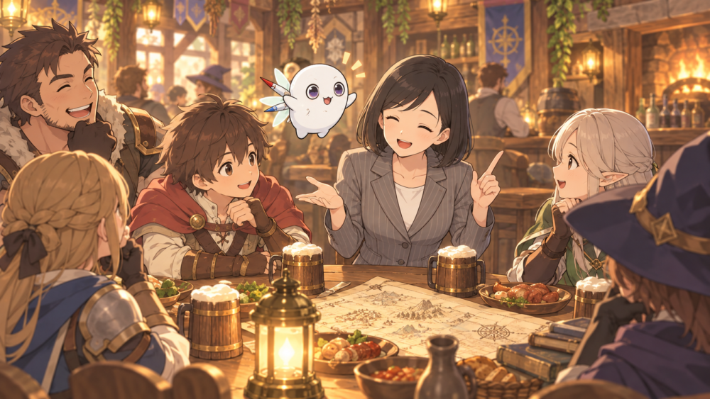 冒険者の質問に案内人が答えている酒場のイラスト