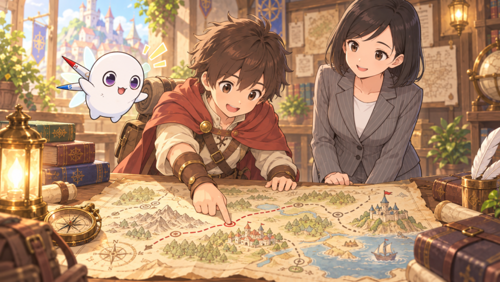 冒険者が地図を広げて、自分に合った道を選んでいるイラスト