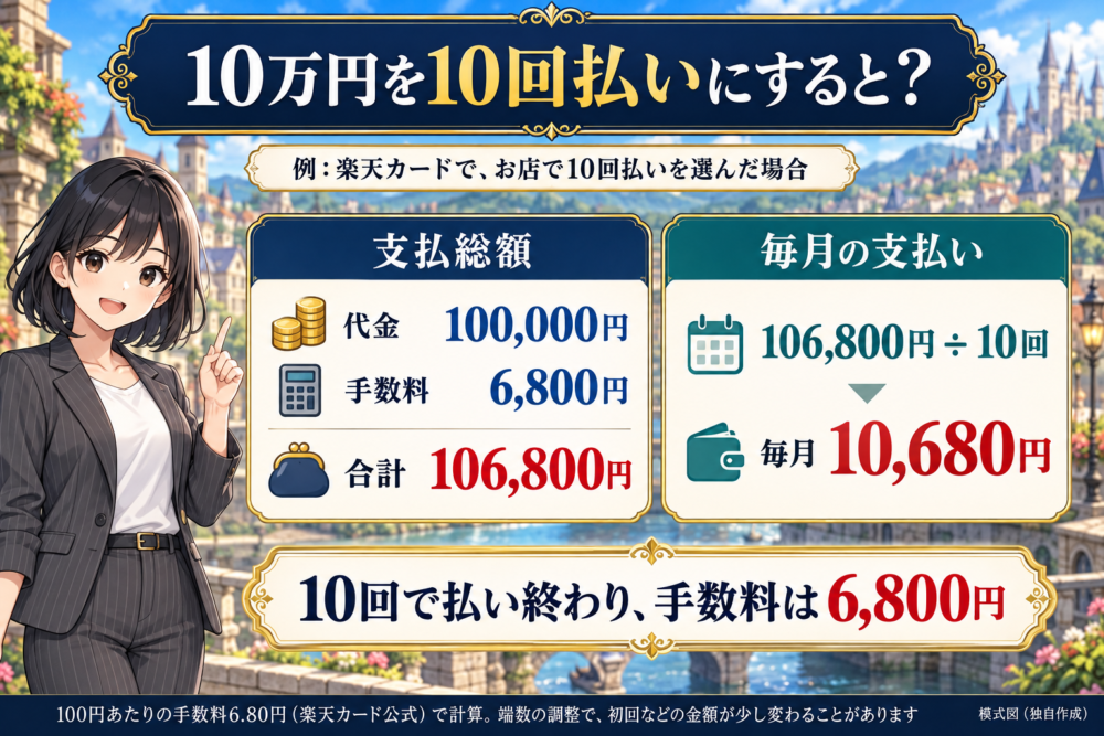 10万円を10回払いにすると支払総額は106,800円、毎月の支払いは10,680円になることを示す図解。リクレさんが説明している