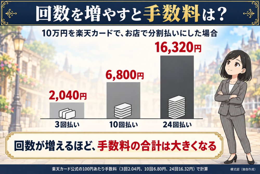 10万円の分割払いの手数料は3回で2,040円、10回で6,800円、24回で16,320円と、回数が増えるほど大きくなることを示す図解。腕を組んだリクレさんがグラフを見上げている