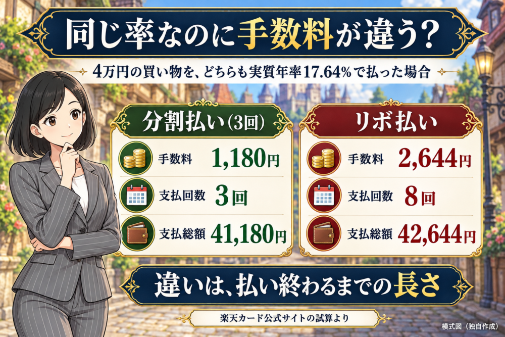4万円を同じ率17.64%で払うと、分割払い3回は手数料1,180円、リボ払いは8回で手数料2,644円になることを示す図解。あごに手を当てたリクレさんが考えている