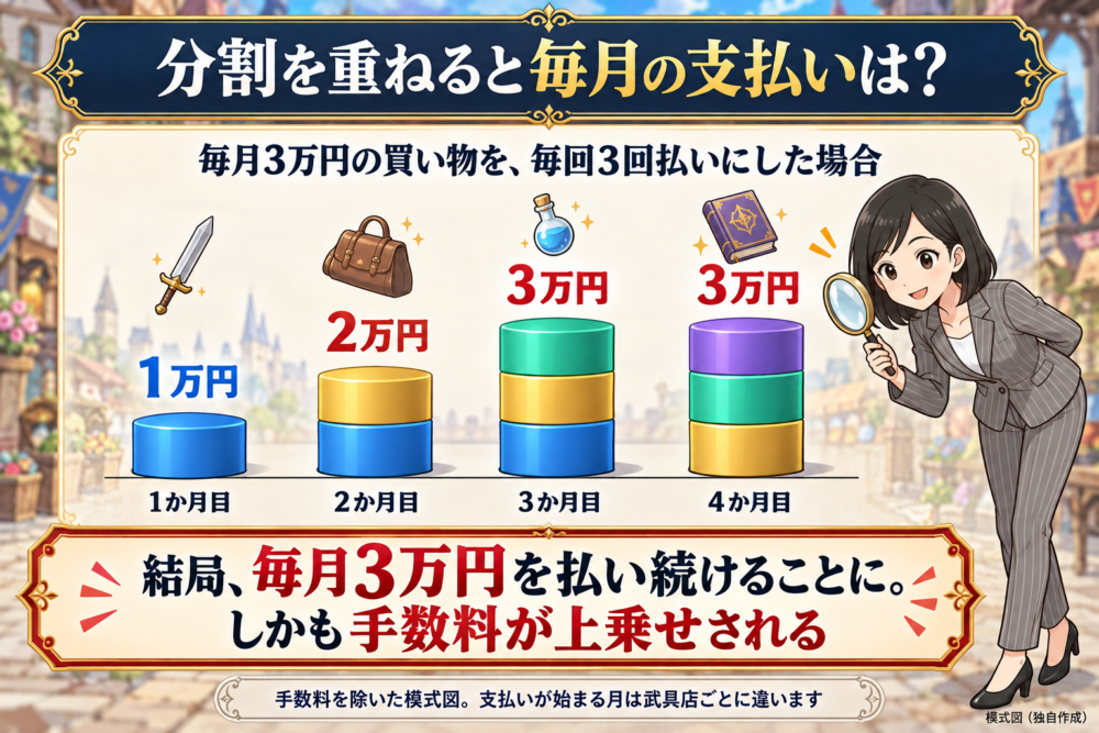 毎月3万円の買い物を3回払いにし続けると、毎月の支払いが1万円、2万円、3万円と積み上がり、結局毎月3万円に手数料が上乗せされることを示す図解。虫めがねでのぞき込むリクレさん