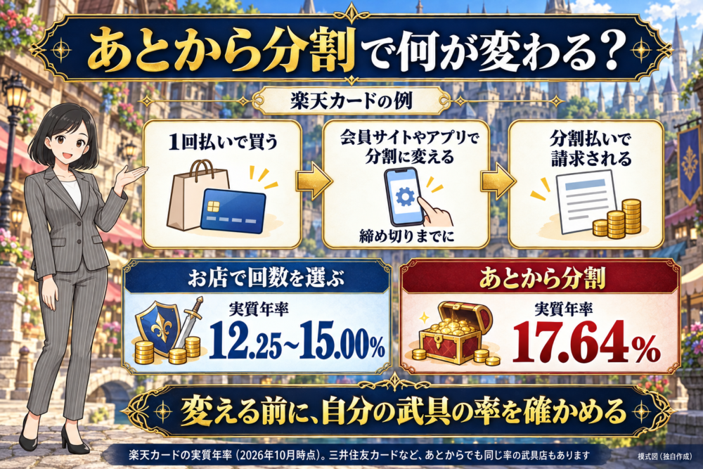 1回払いで買い、会員サイトやアプリで分割払いに変える流れと、楽天カードではお店で選ぶと12.25〜15.00%、あとから分割だと17.64%になることを示す図解。リクレさんが手のひらで示している