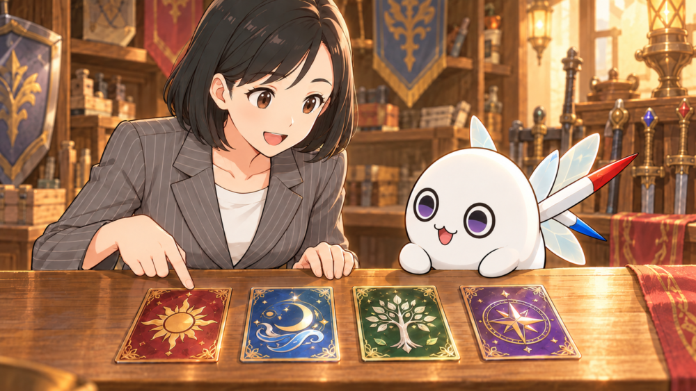 紋章の違うカード型の武具を4枚並べて見せるリクレさんと、見比べるコンパスくん