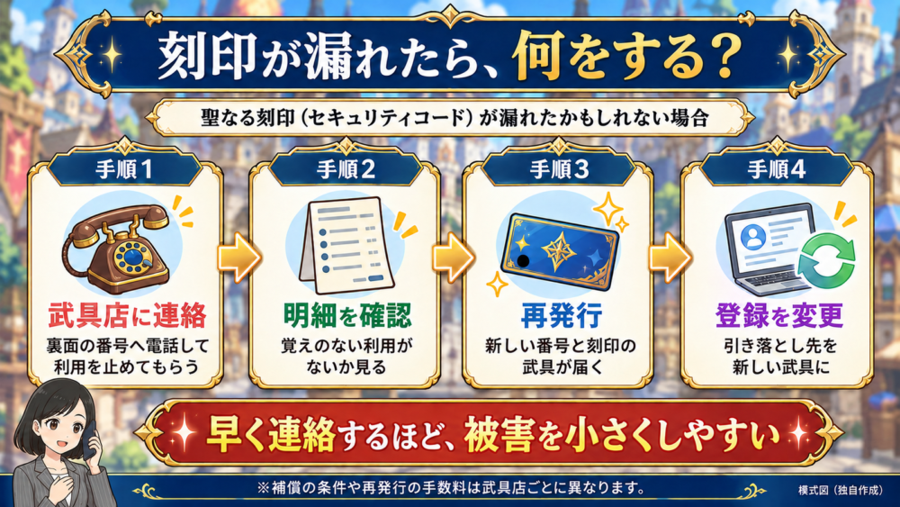 聖なる刻印が漏れたときの対処の流れの図解。武具店に連絡、明細の確認、再発行、引き落とし設定の変更の4ステップ