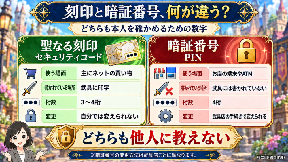 聖なる刻印と暗証番号の違いの図解。使う場面、書かれている場所、桁数、変更できるかを左右で比べる