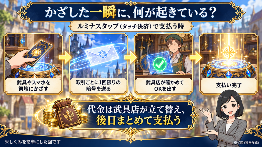 武具を祭壇にかざすと、取引ごとに1回限りの暗号が送られ、武具店が確認して支払いが完了する流れを、リクレさんが説明する図
