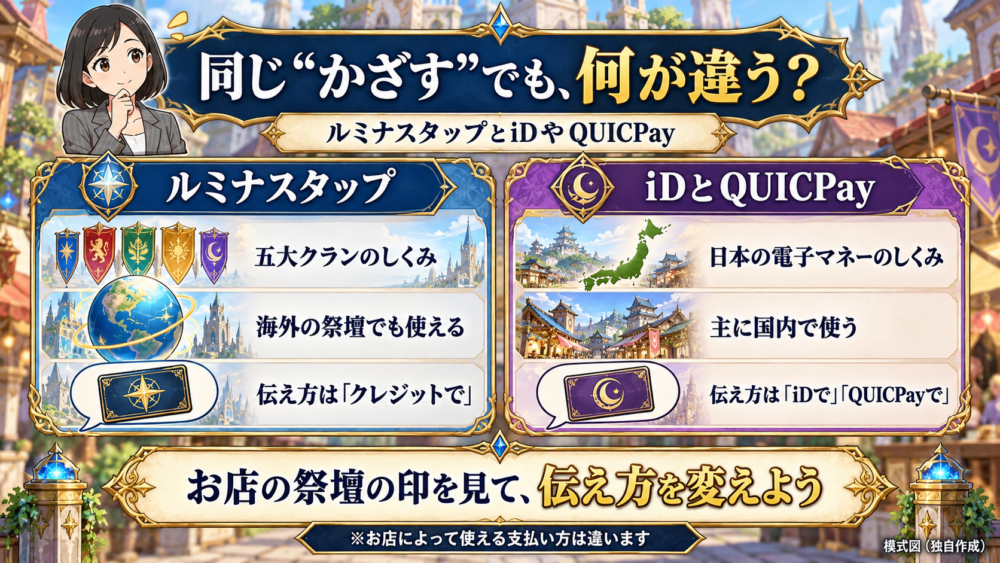 ルミナスタップは五大クランのしくみで海外でも使え、iD・QUICPayは日本の電子マネーで主に国内で使うという違い。あごに手を当てて考えるリクレさん