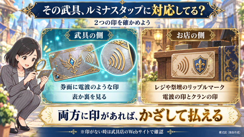 武具の券面にある電波の印と、お店の祭壇にあるリップルマーク。両方そろえばかざして払える。虫めがねで武具をのぞくリクレさん