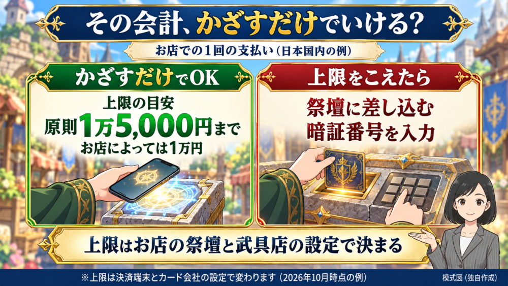 1回の支払いが原則1万5,000円までならかざすだけ、上限をこえたら差し込んで暗証番号を入力する。結果の枠を手で示すリクレさん
