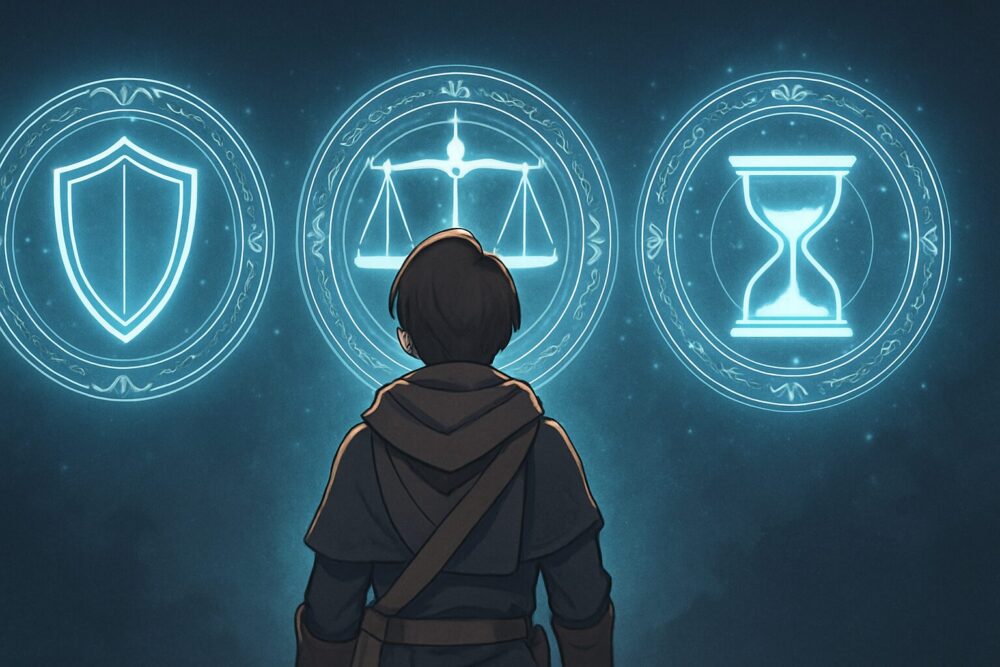 冒険者(読者をイメージ)の前に、青白く輝く「盾」「天秤」「砂時計」の3つの魔法陣が浮かび上がっているイラスト。これが自分に与えられた守護魔法だと、一目でわかるようなデザイン。