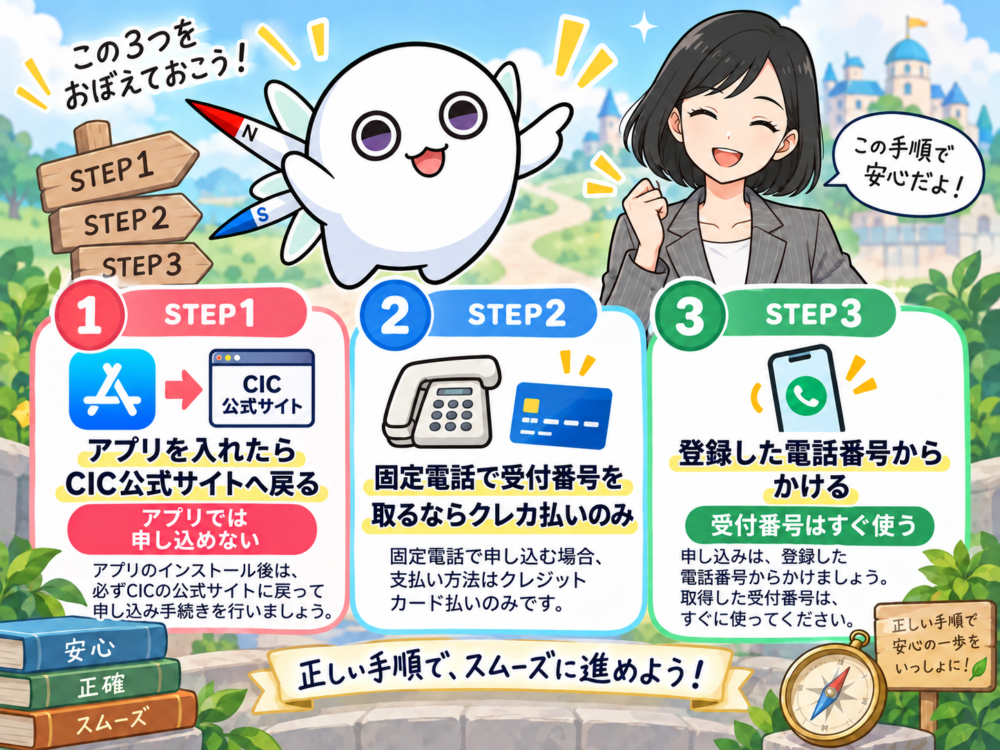 CICスマホ開示STEP1からSTEP3の注意ポイントをコンパスくんが案内する図