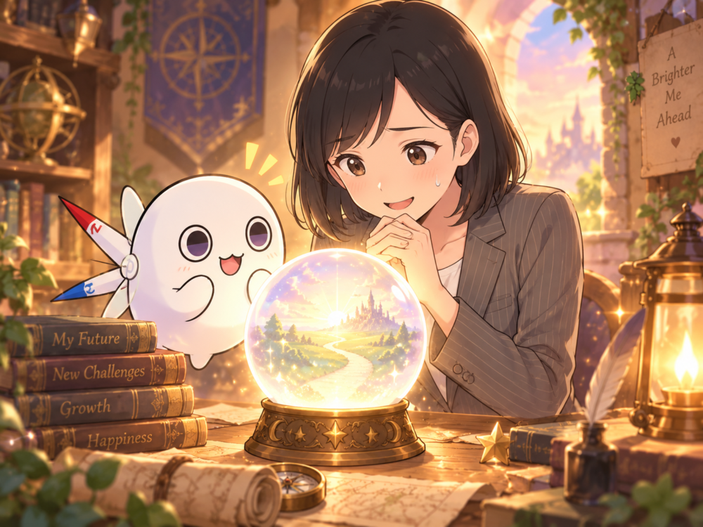 水晶玉を恐る恐る覗き込むリクレさんとコンパスくんのイラスト