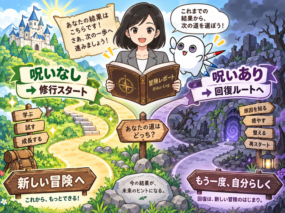 開示結果から呪いなしの修行スタートと呪いありの回復ルートへ分岐するマップ
